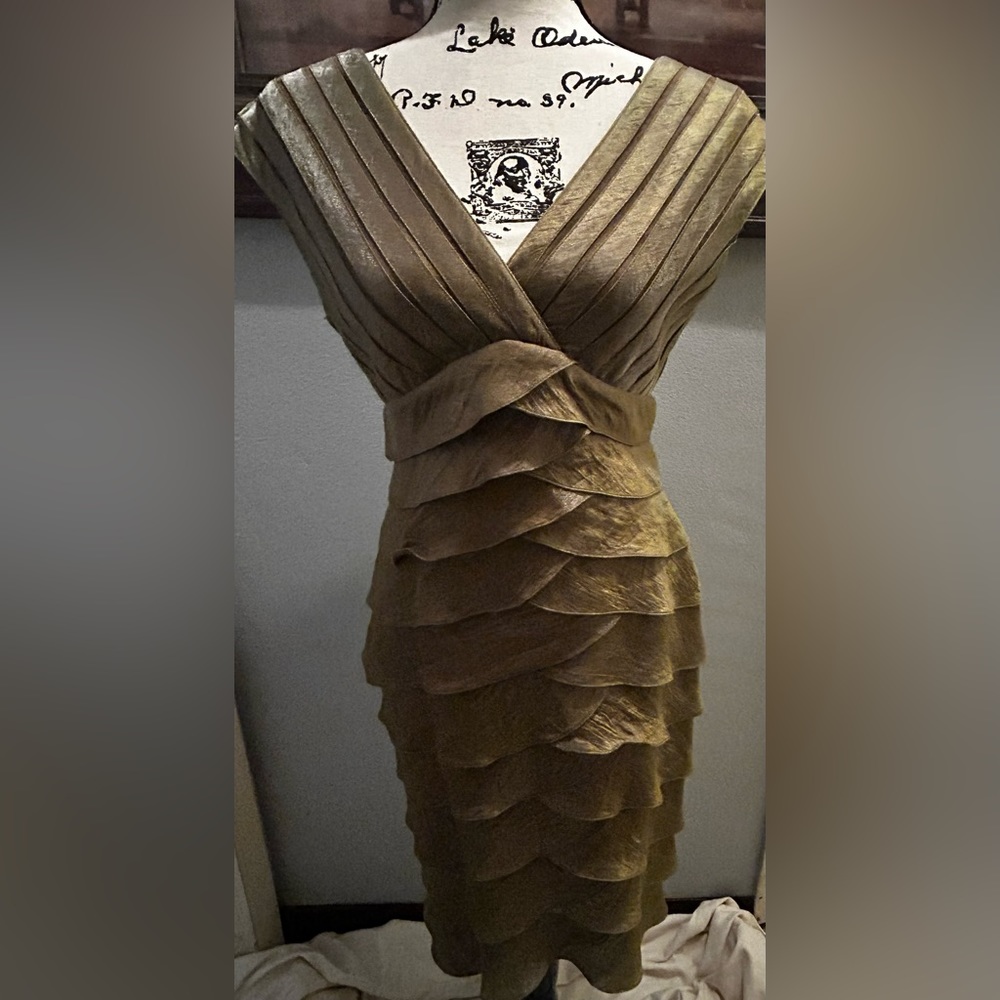 Adrianna Papell gold frilled Cocktail Dress